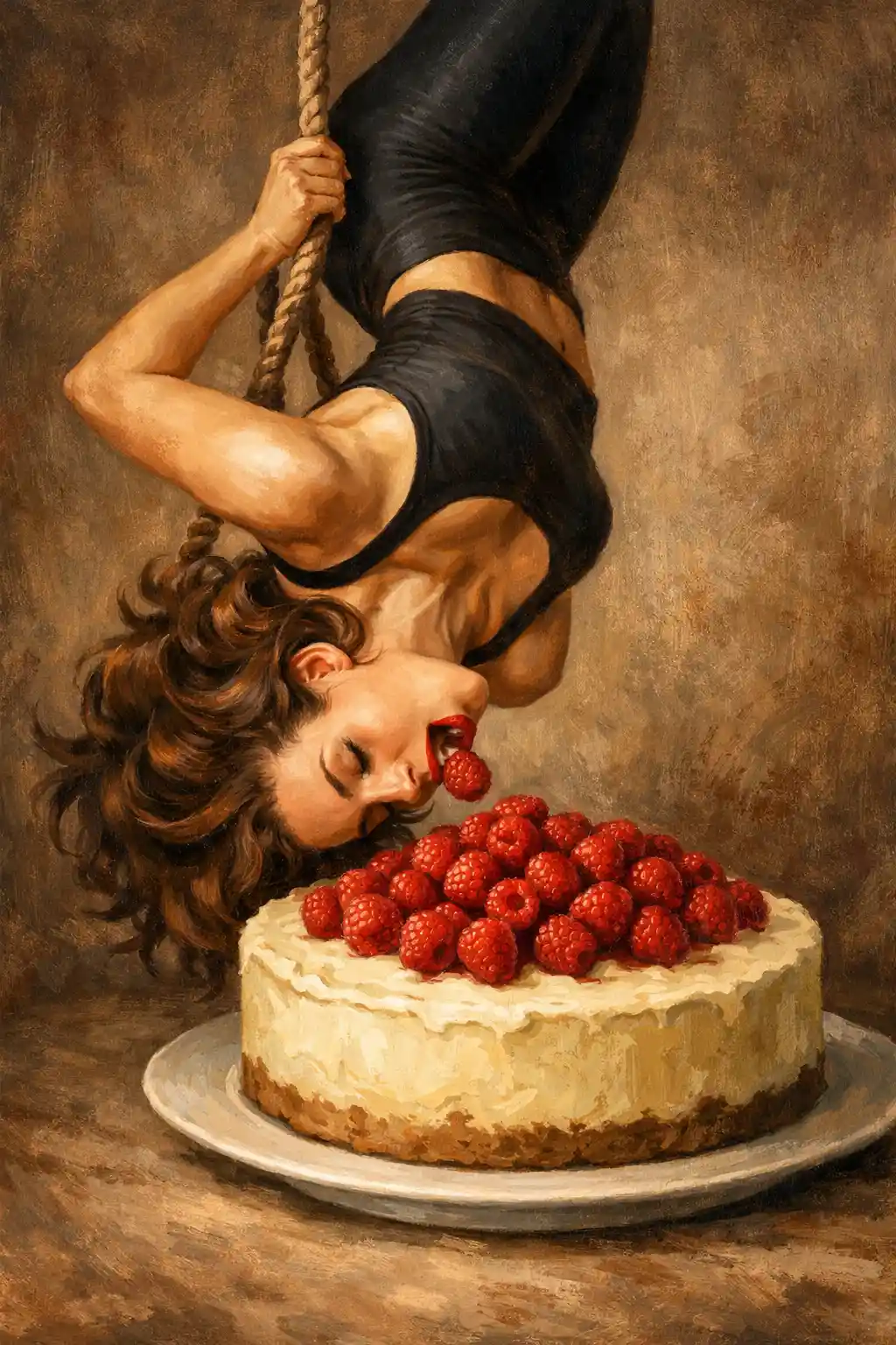 Upside down woman reaching for raspberries on cheesecake