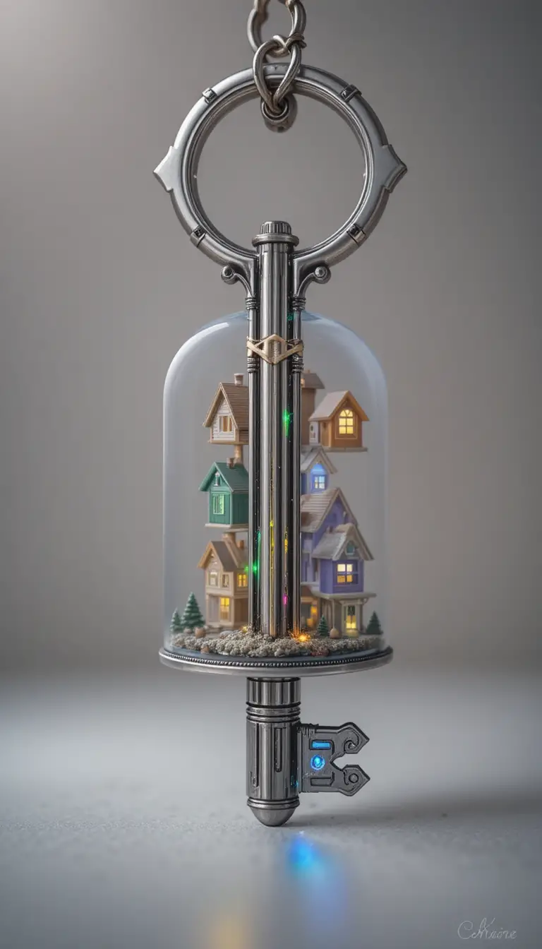Close up of a key holding a glowing miniature village
