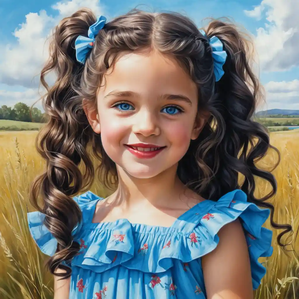 Smiling girl with long curly hair in blue summer dress