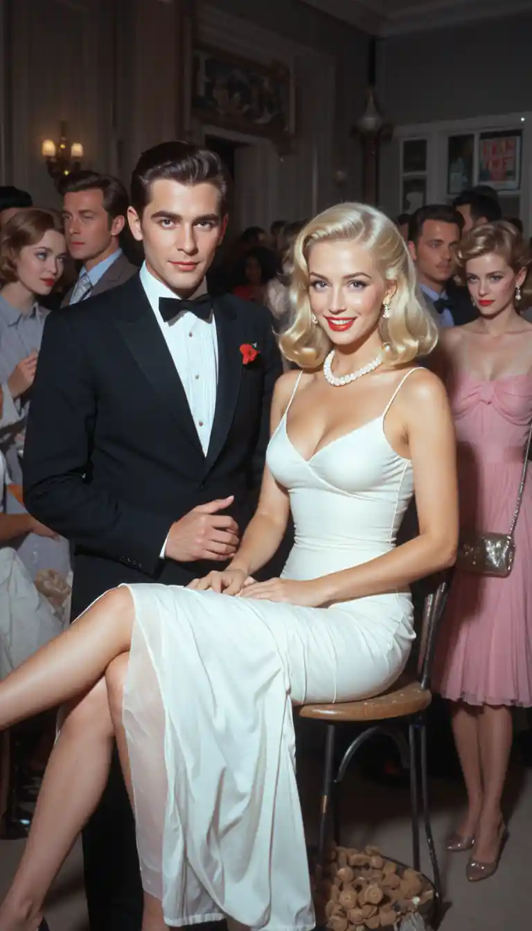 Blonde star in white dress on vintage Hollywood set