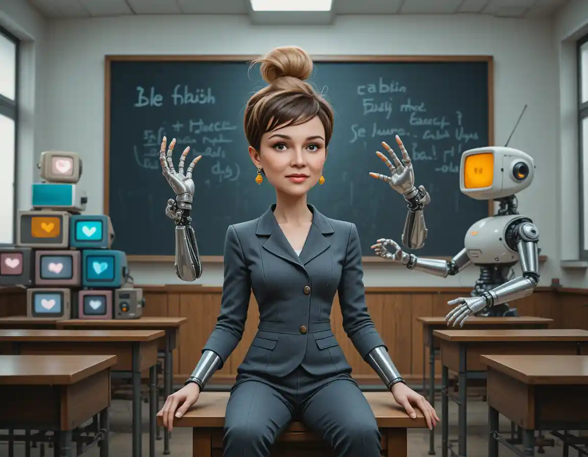 Confused businesswoman in classroom with robots and monitors