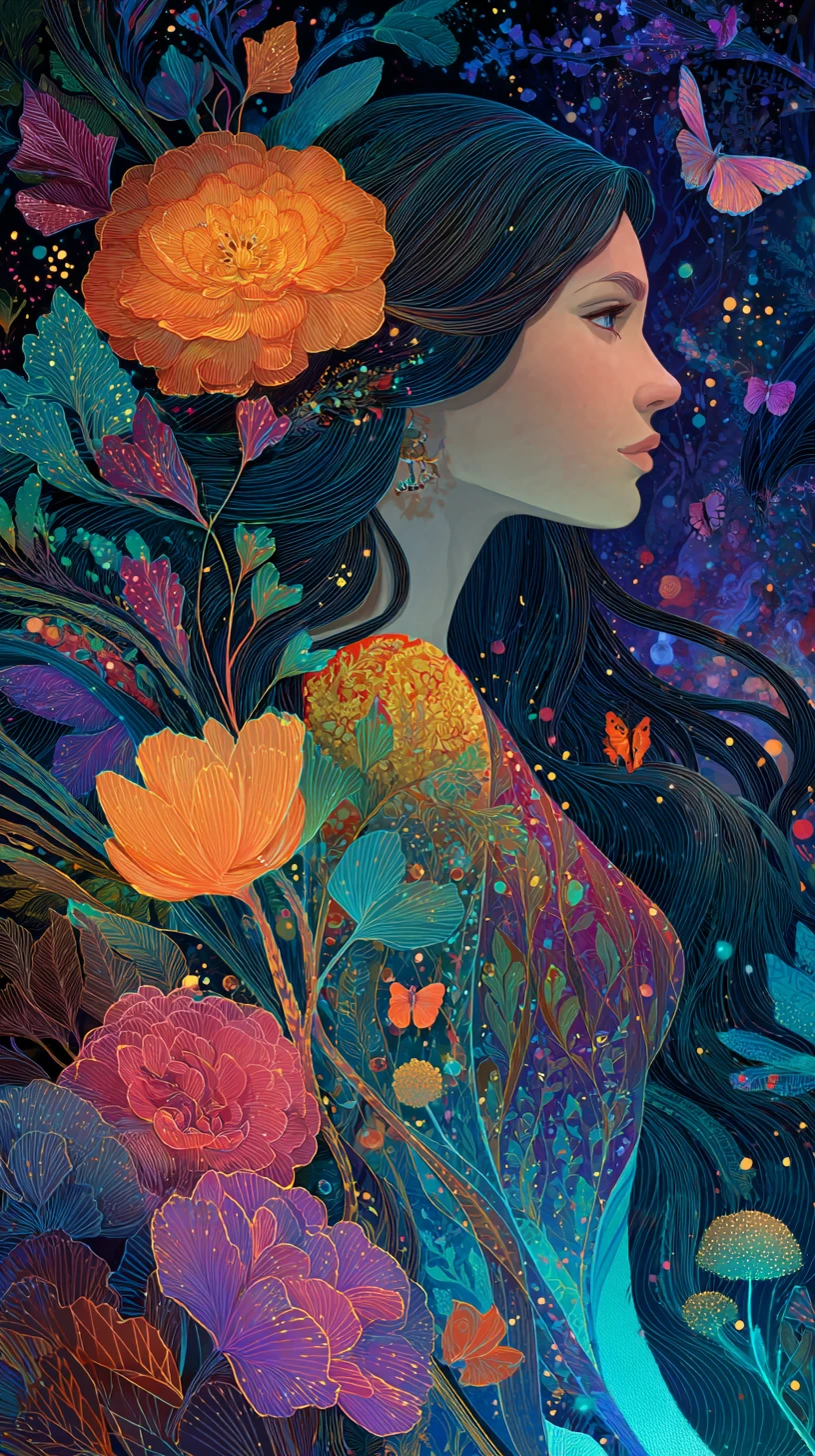 Profile of a floral haired woman in glowing fantasy nature