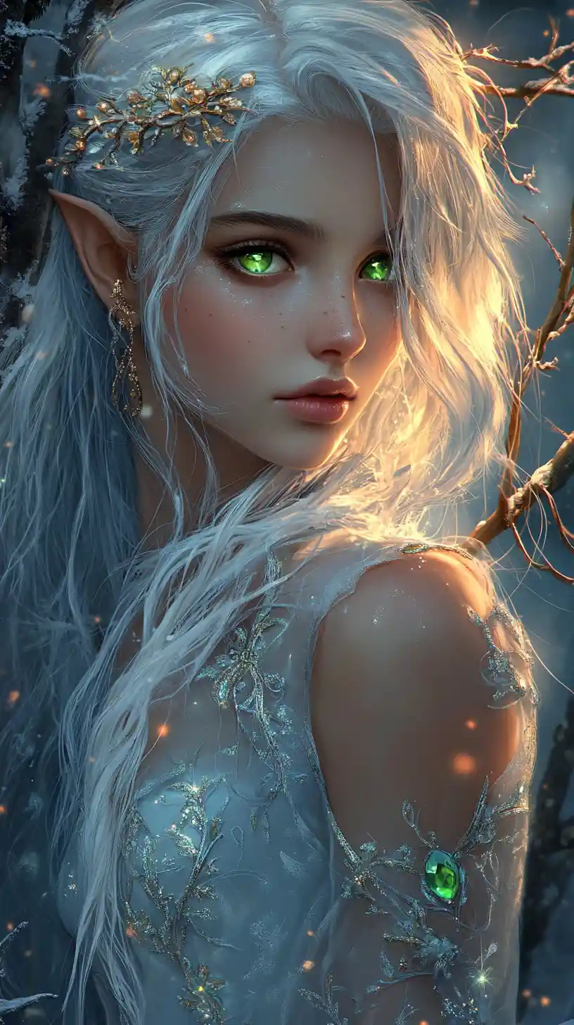 Ethereal fantasy woman in a glowing winter forest
