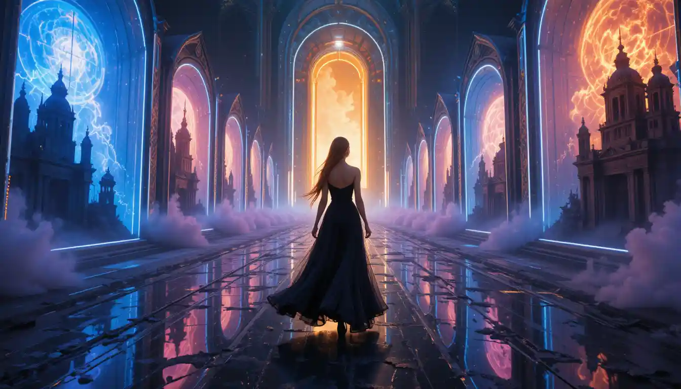 Fantasy woman walking through glowing portals in darkness