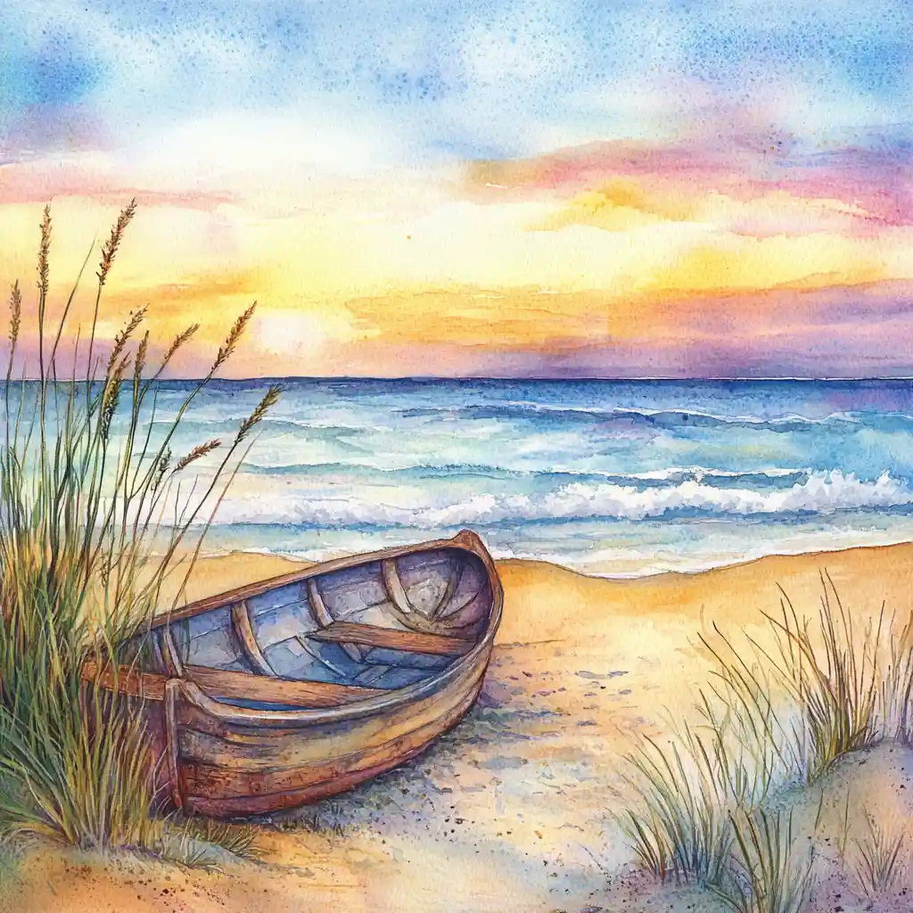 Watercolor rowboat on golden beach at peaceful sunset