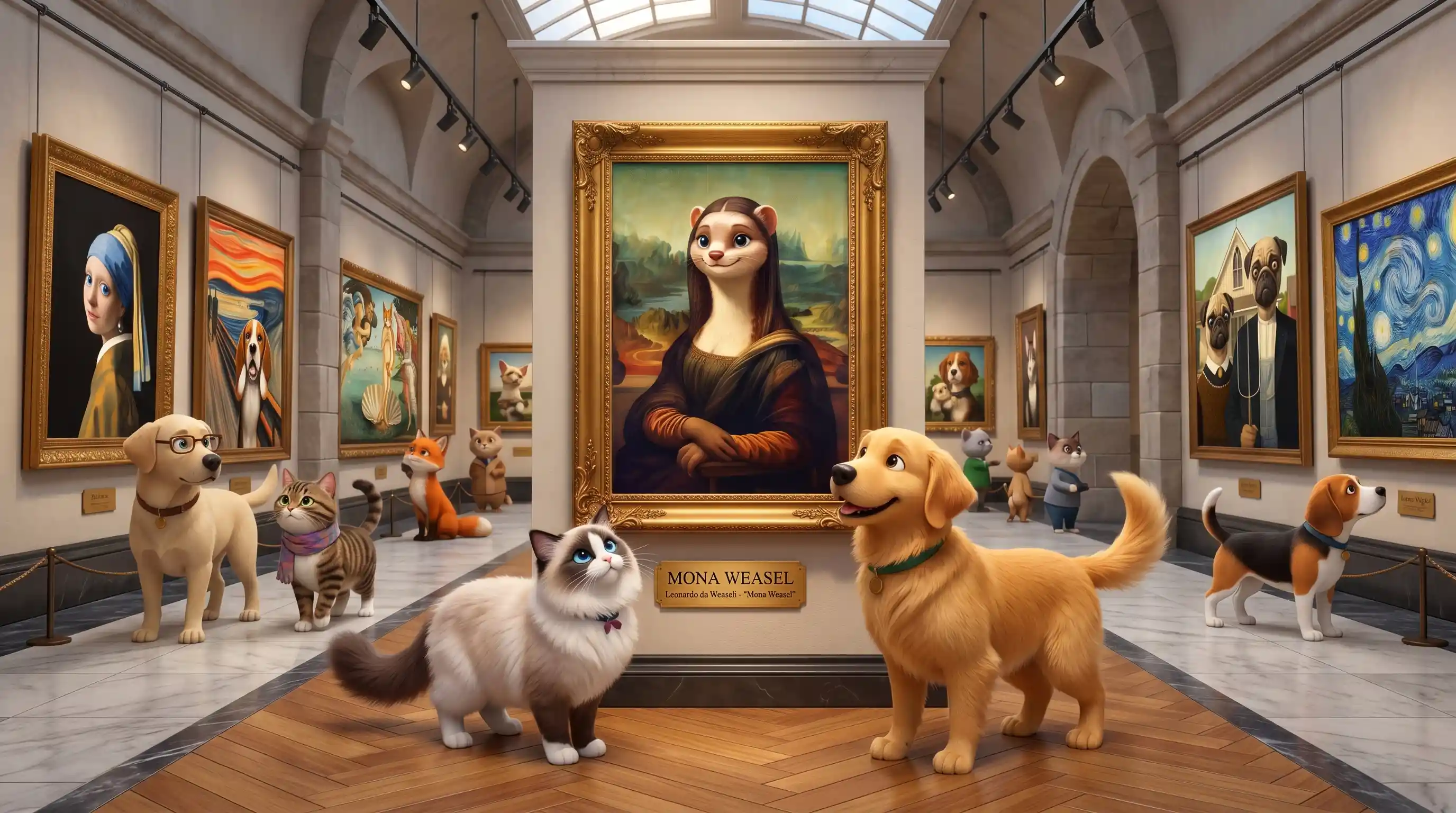 Ragdoll cat and golden retriever viewing animal art