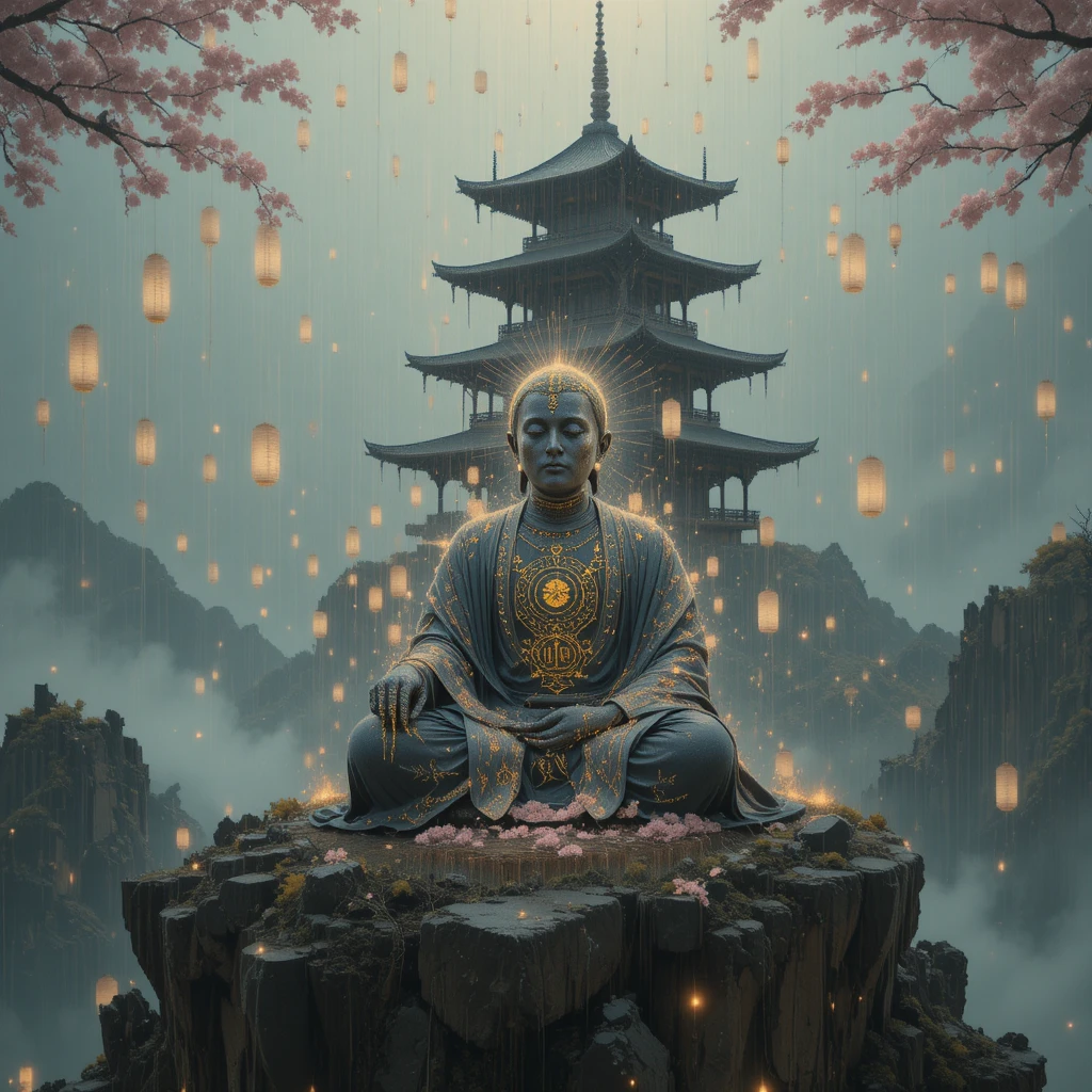 Buddhist monk meditating on a serene floating island