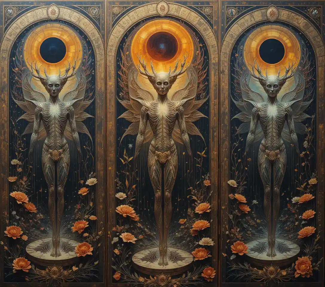 Surreal triptych of figures dissolving into abstract mosaics