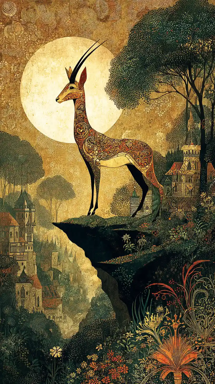 Graceful gazelle on a cliff beside a magical forest