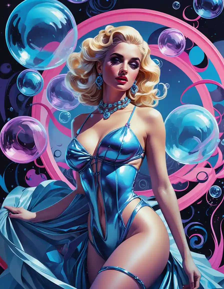 Stylized blonde woman in dreamy neon fantasy scene
