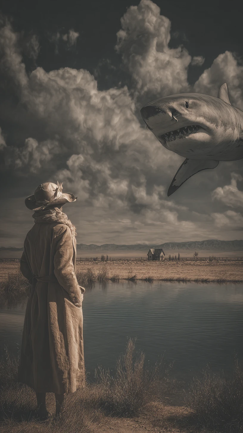 Shark swimming in a quiet pond as a spectator watches