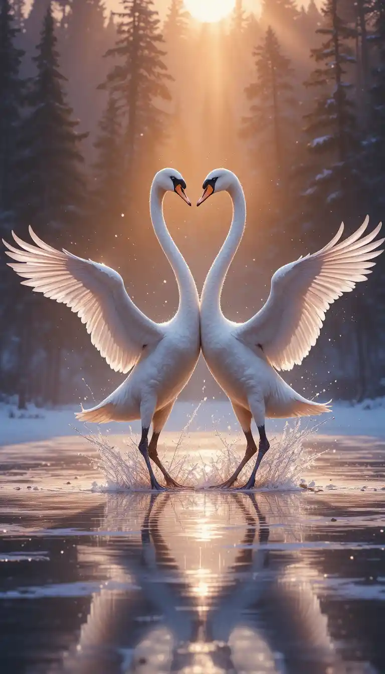 Two Swans Rising In Frost Above A Frozen Lake At Dawn