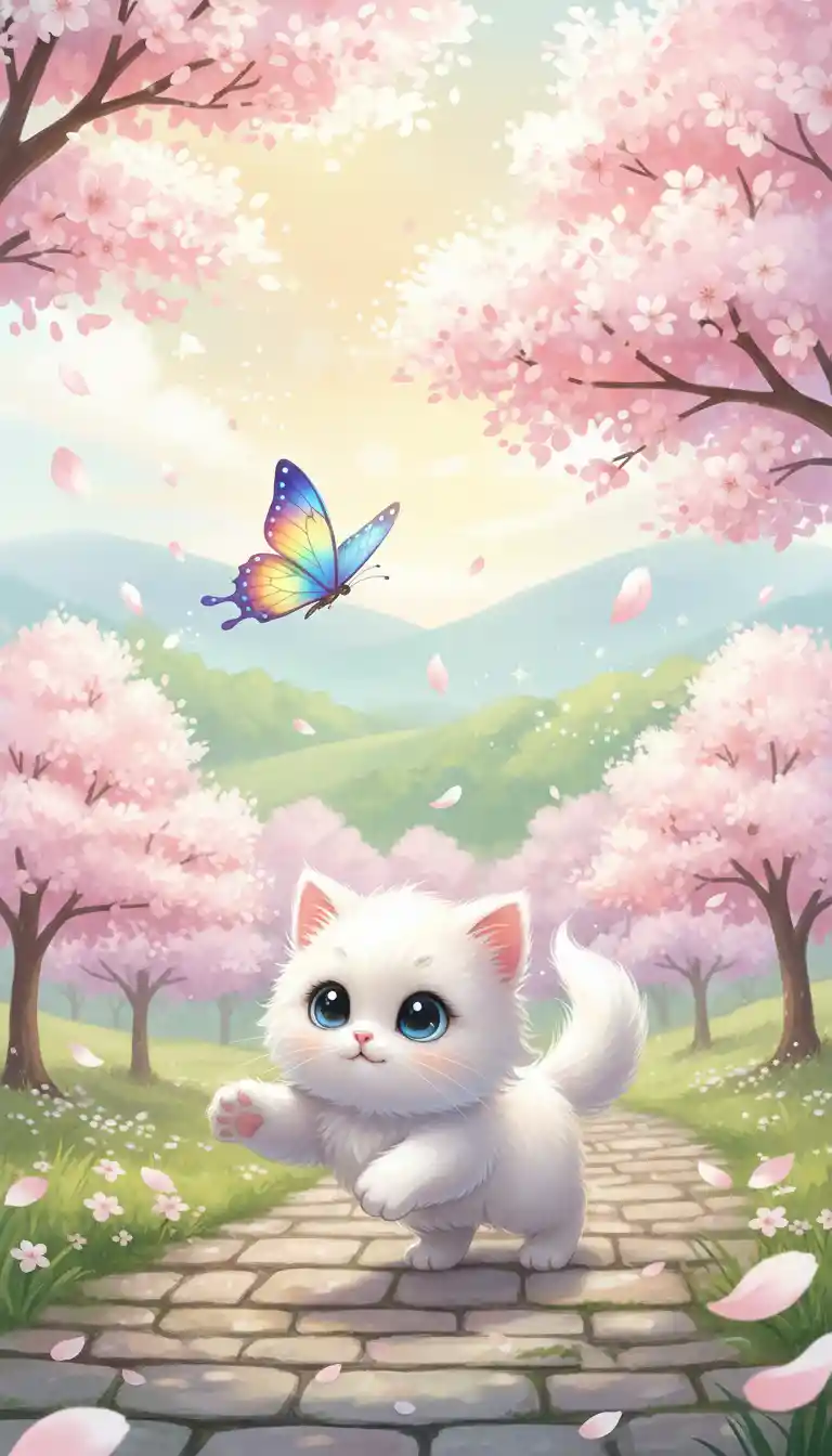 Cute white cartoon cat chasing a butterfly on road