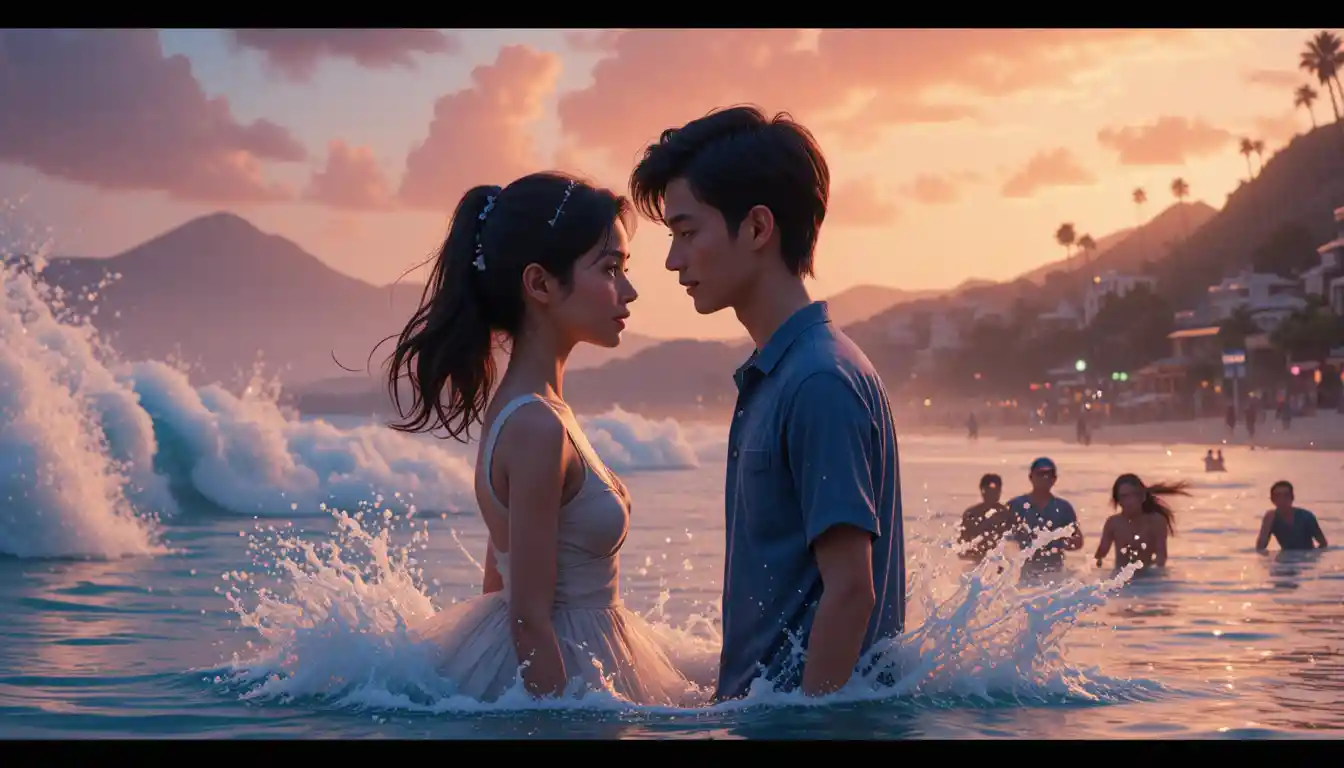 Young couple sharing a tender moment in ocean waves