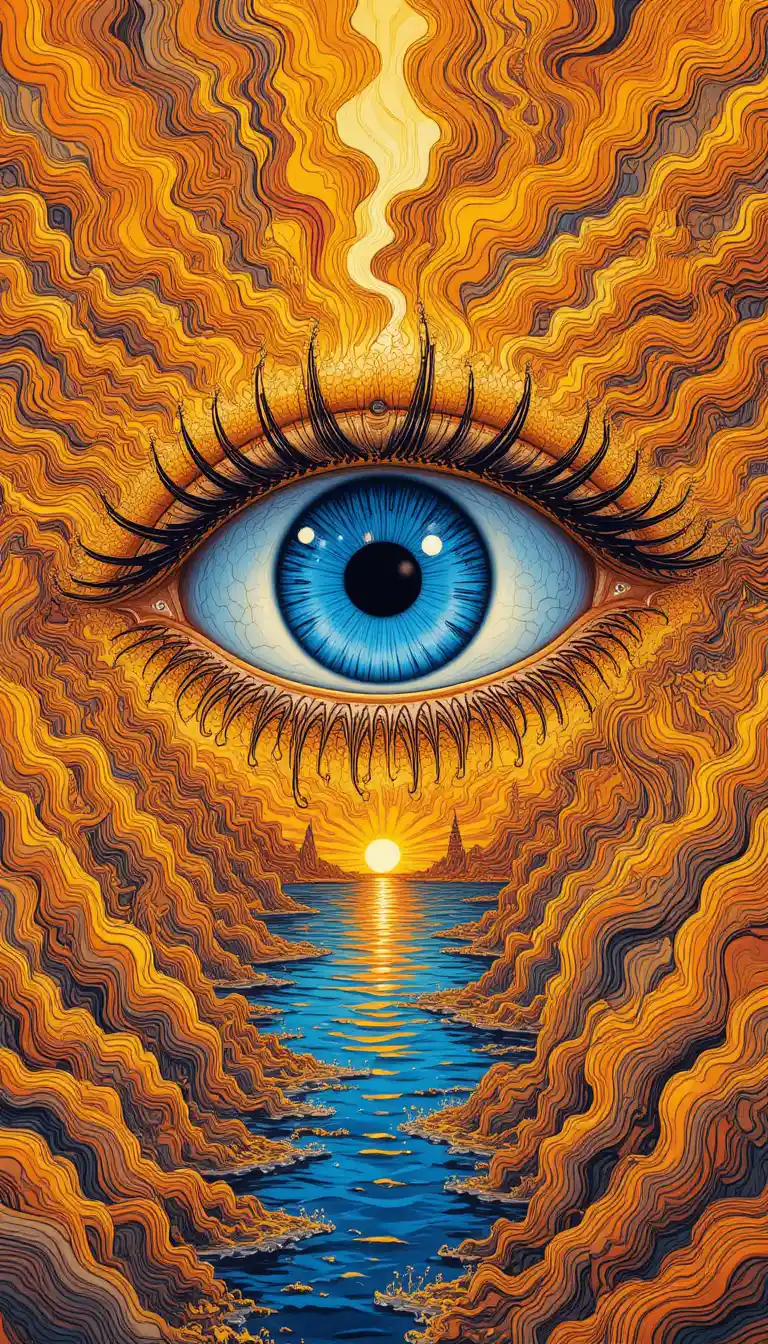 Surreal close up blue eye with fiery abstract patterns