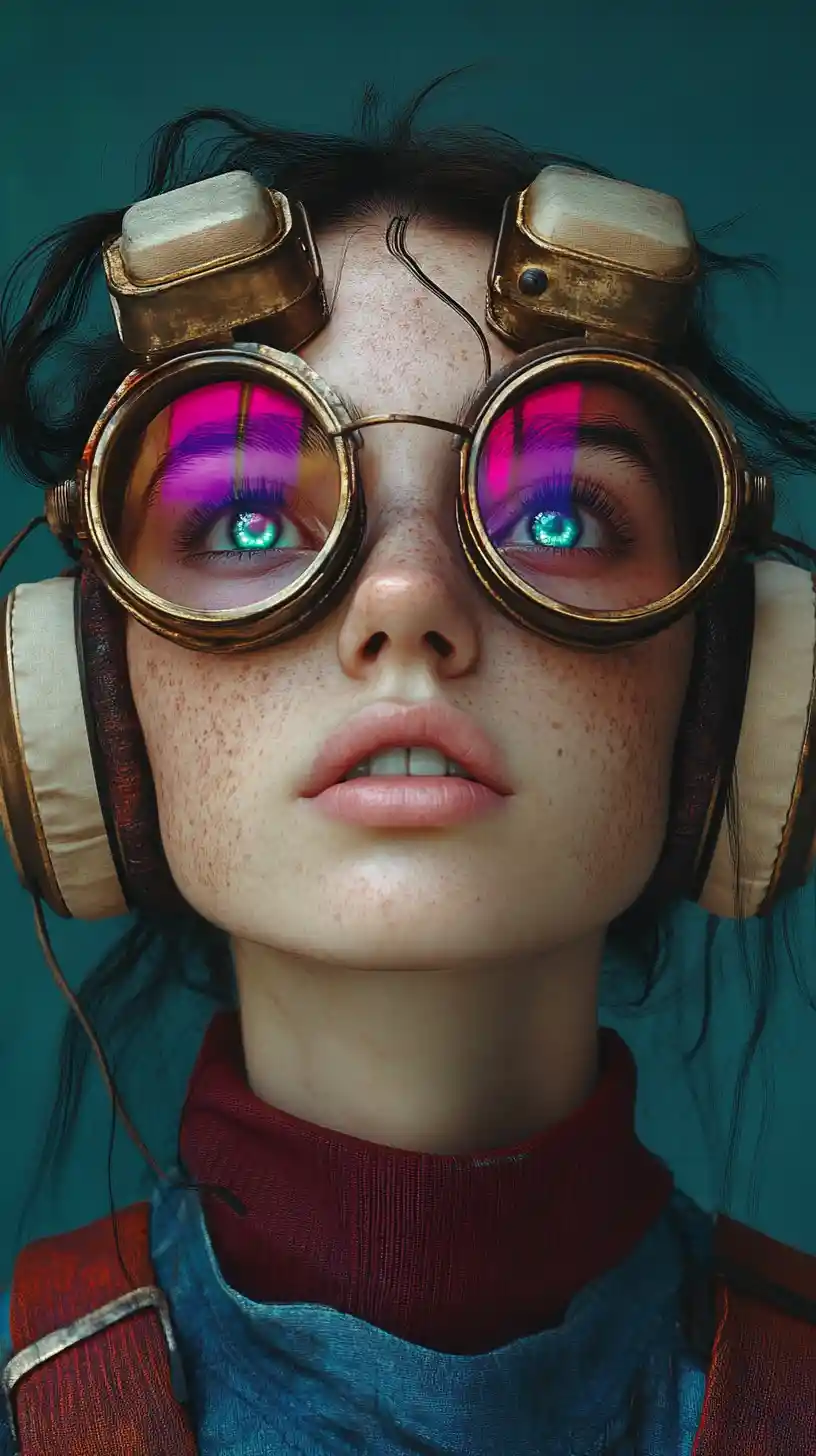 Curious girl with steampunk gear gazing into invisible light