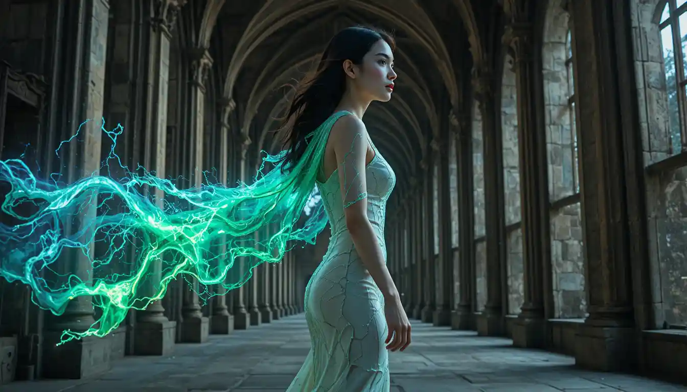 Korean woman in porcelain gown under glowing aurora shawl