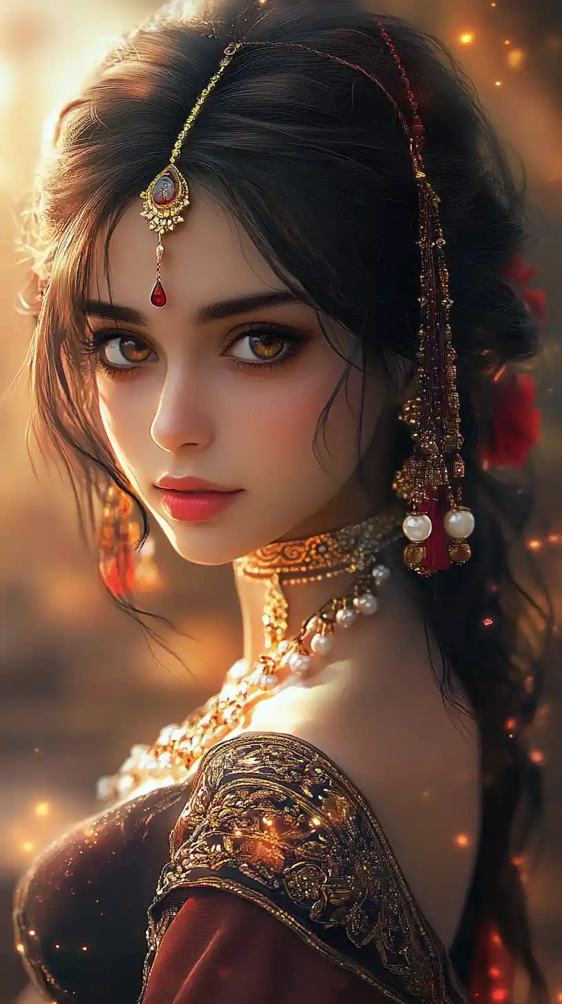 Elegant anime woman in ornate red and gold attire