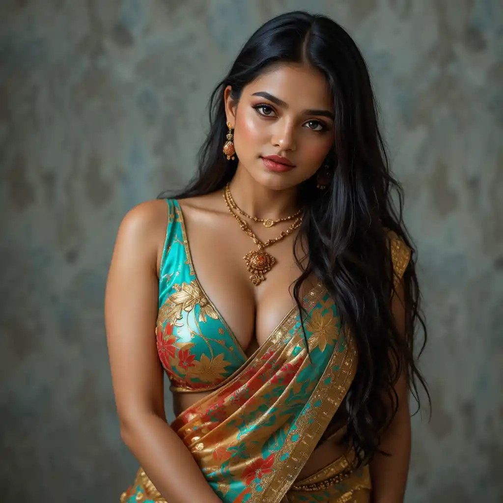 Tamil woman in glossy modern saree with bare midriff