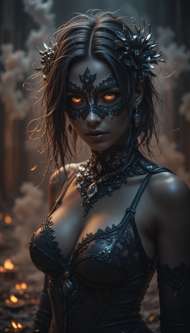 Mysterious masked woman with glowing fiery eyes in smoke