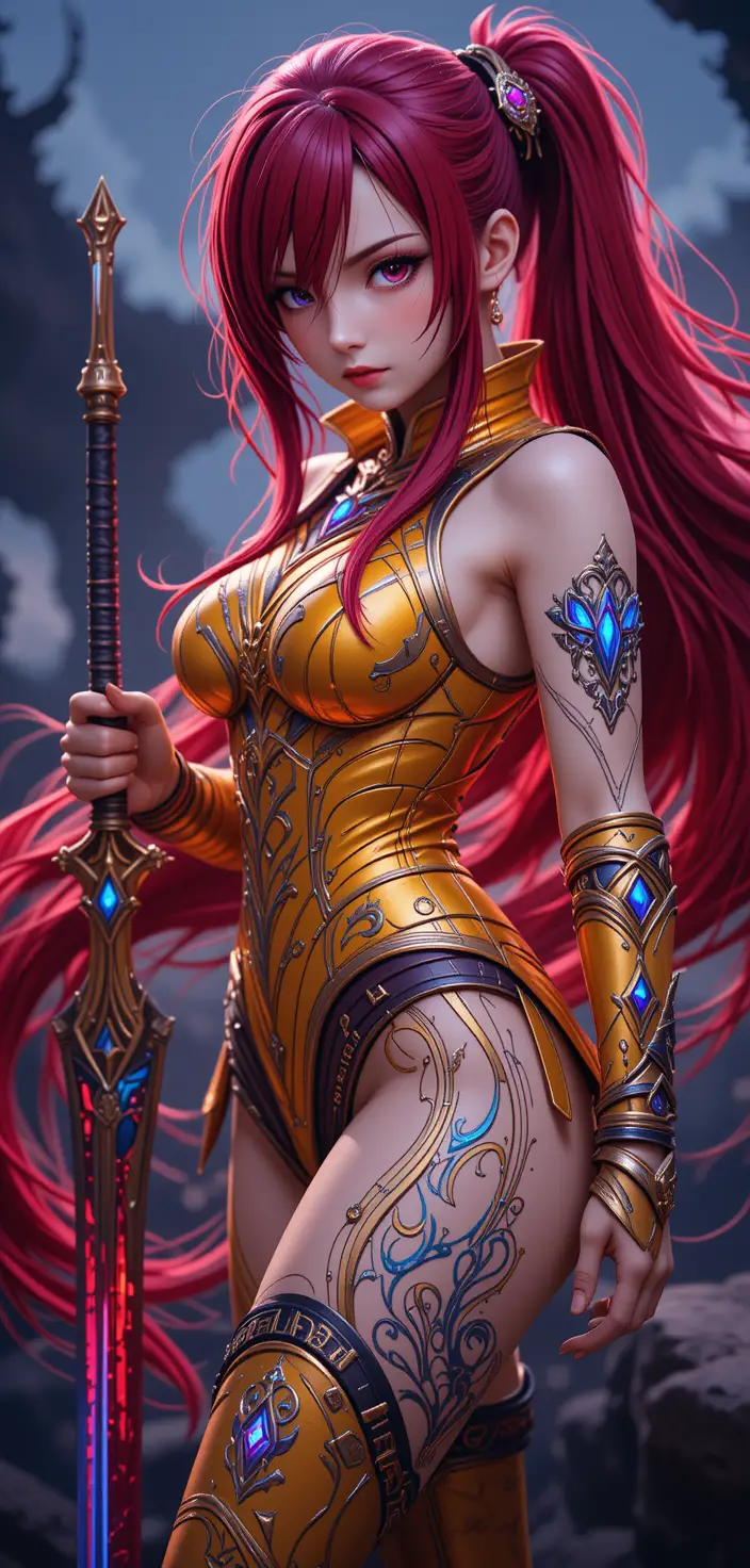 Armored anime warrior woman with glowing runes and sword