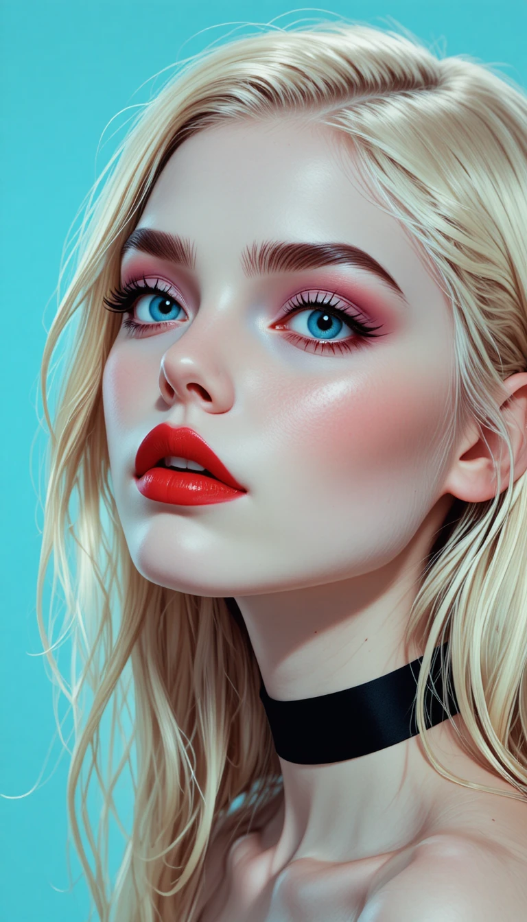 Porträt eines blonden Mädchens mit blauen Augen und roten Lippen