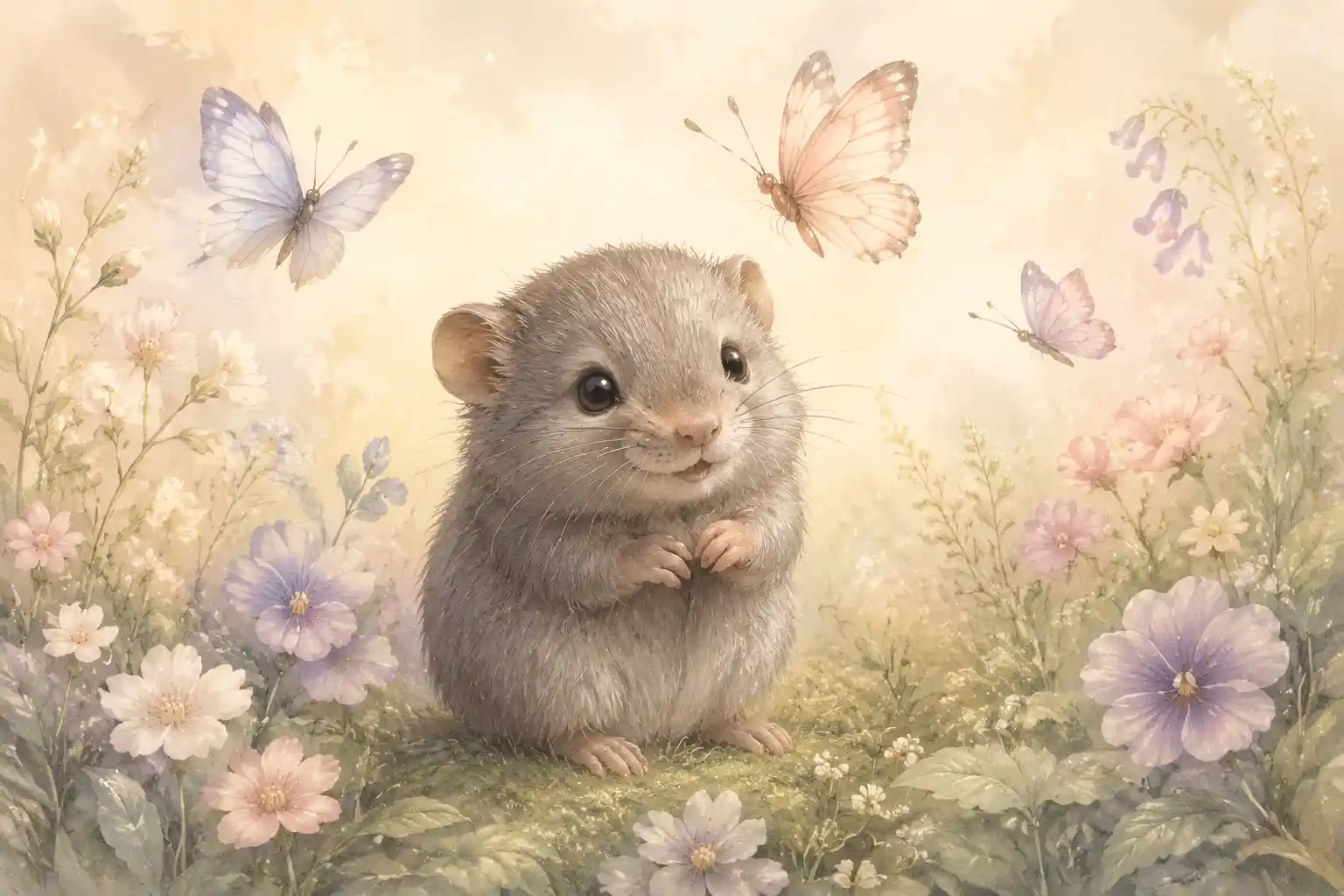 Cute baby vole on soft meadow with butterflies