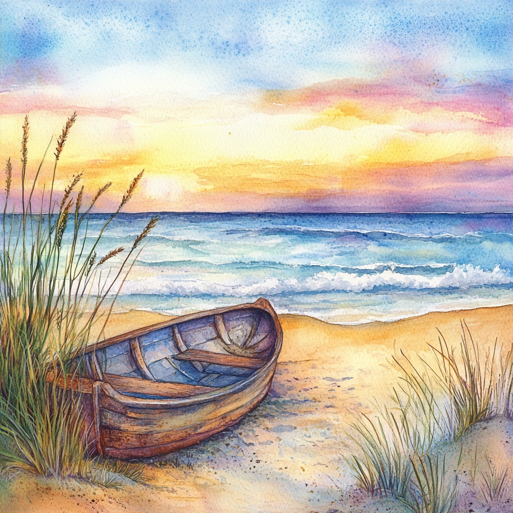 Watercolor rowboat on golden beach at peaceful sunset