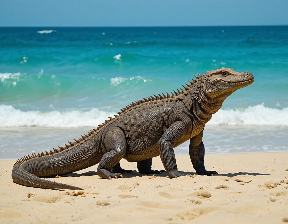 Komodo dragon on a tranquil tropical beach shoreline