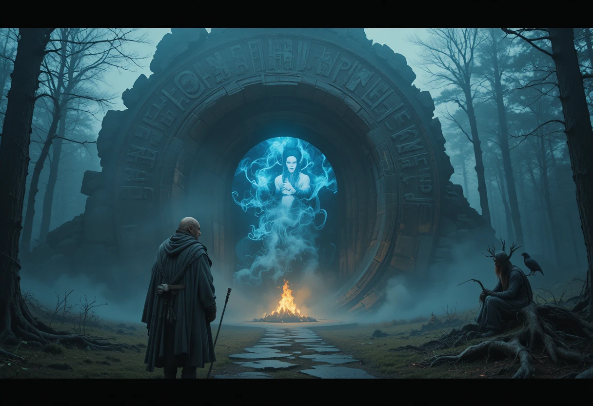 Ancient wanderer before a glowing runic stone gate
