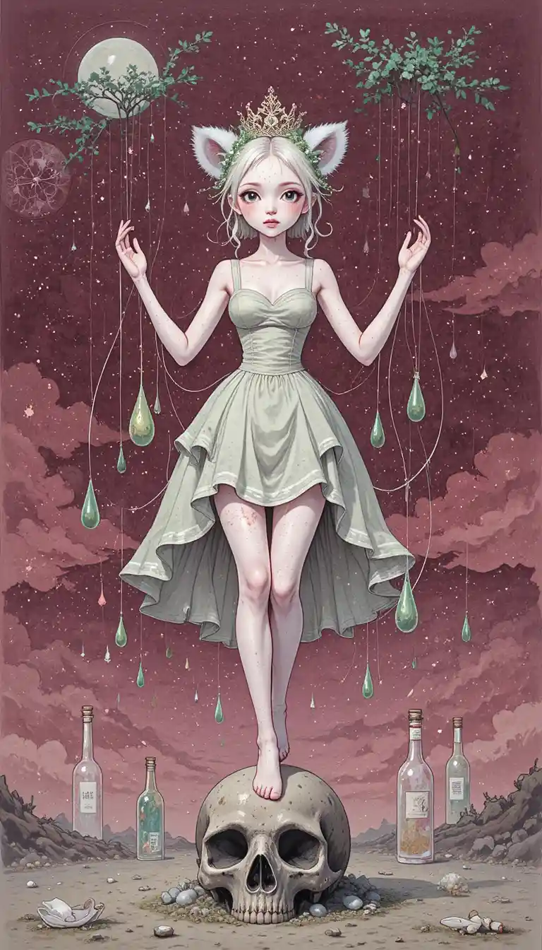Rosy fantasy girl in crown stepping on skull stone