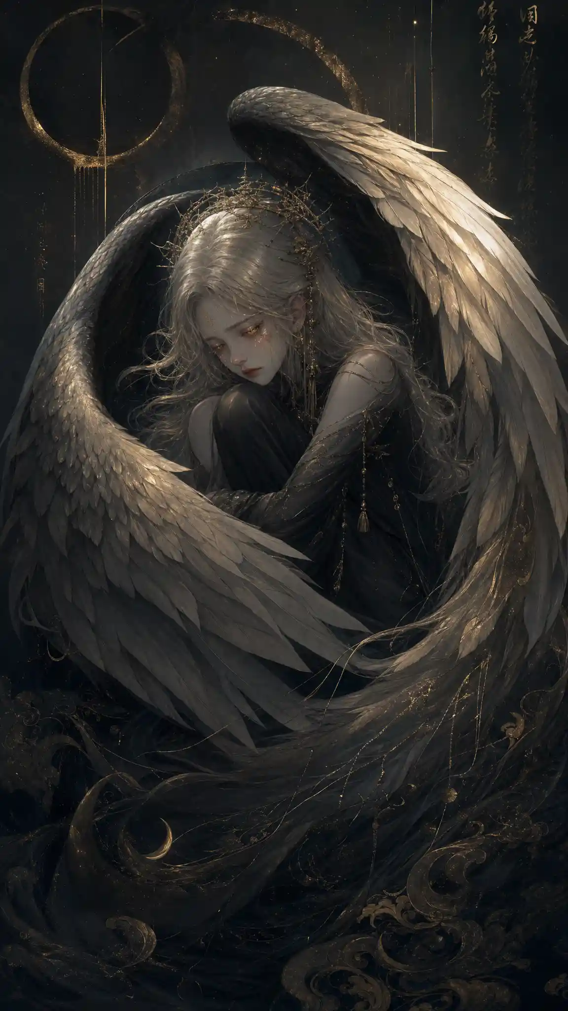 Melancholic winged girl in a dark ethereal embrace