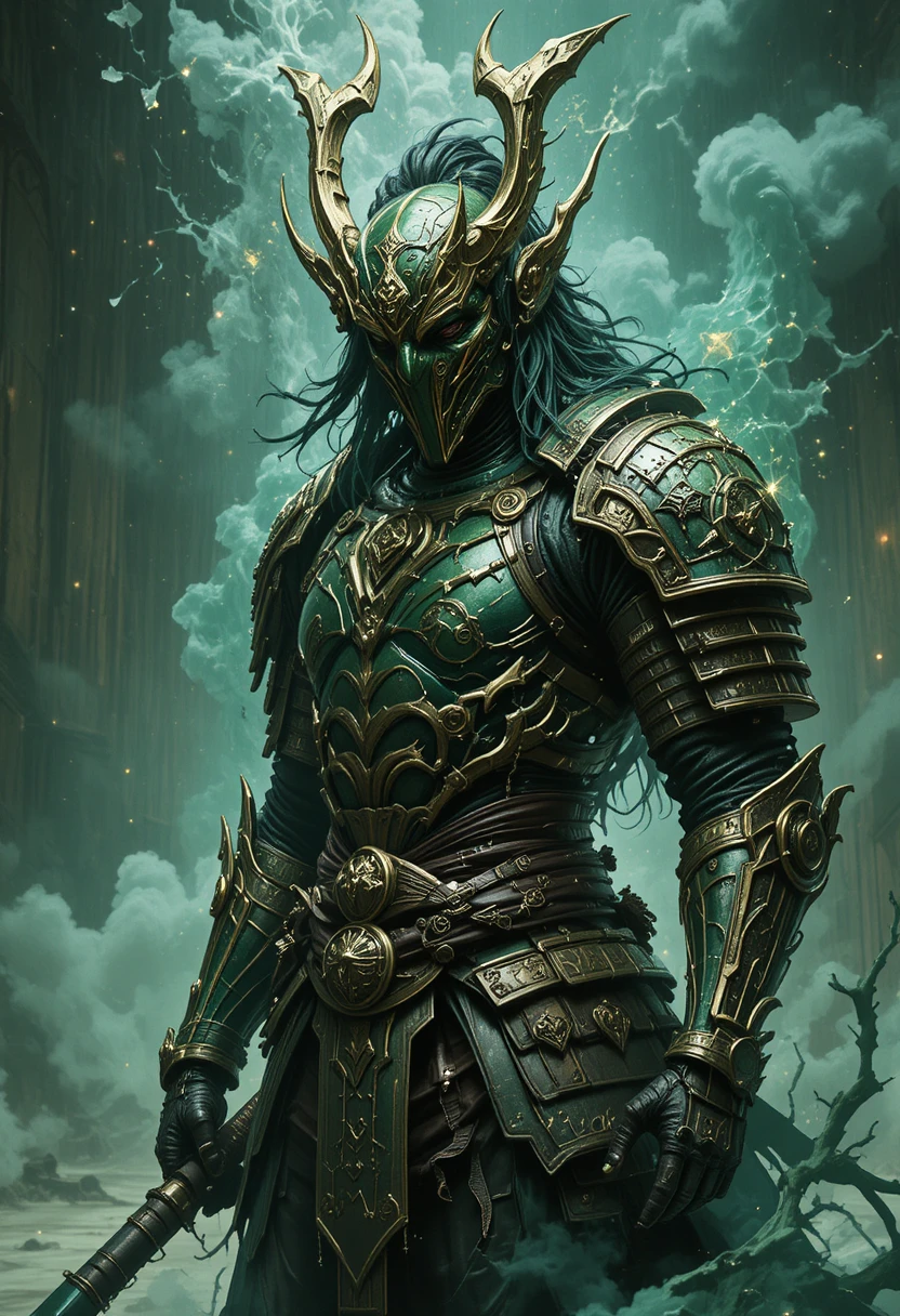 Demon samurai in ornate armor under dramatic dark fantasy lighting