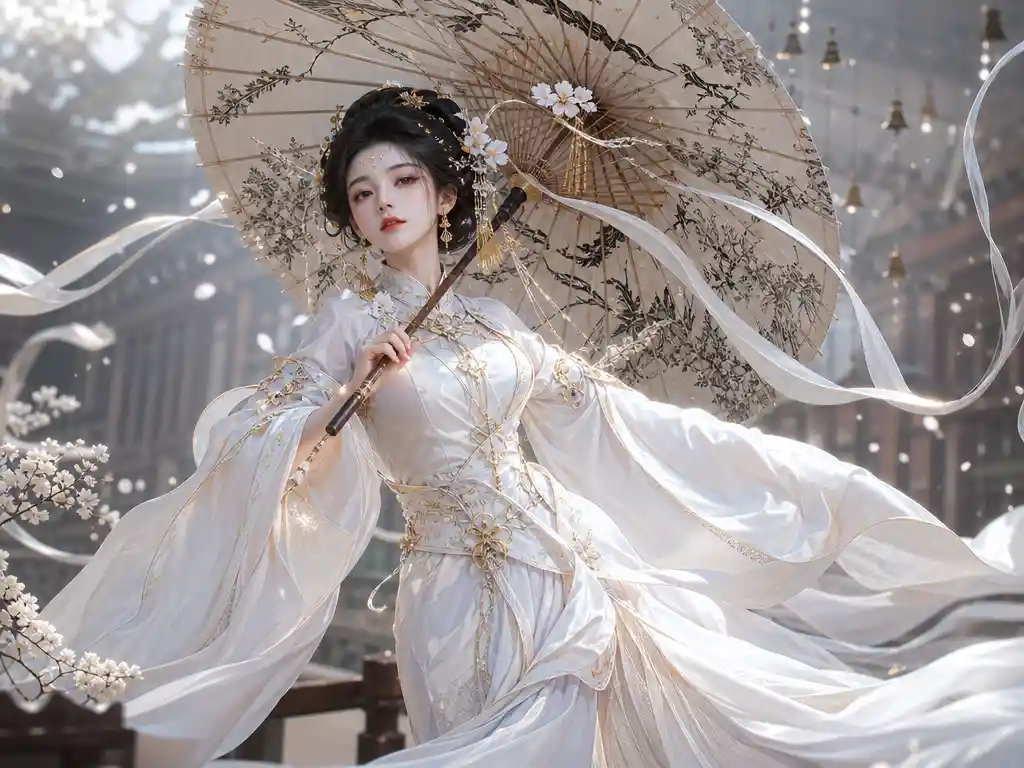 Elegant woman in white with painted parasol in fantasy scene