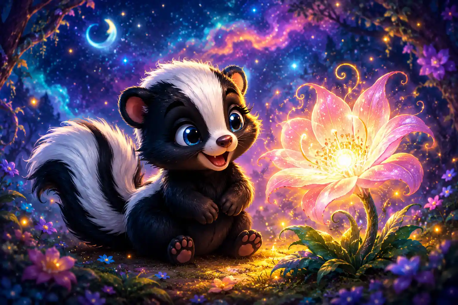 Cute baby skunk with magical glowing flower illustration