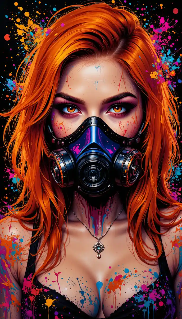 Woman with gas mask and orange hair in pop art style