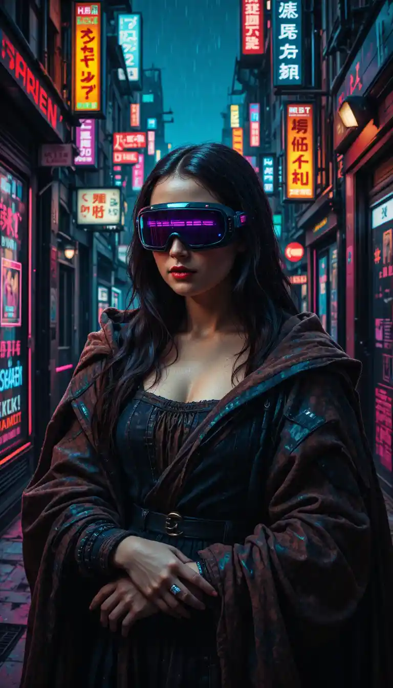 Cyberpunk reinterpretation of the Mona Lisa in neon alley