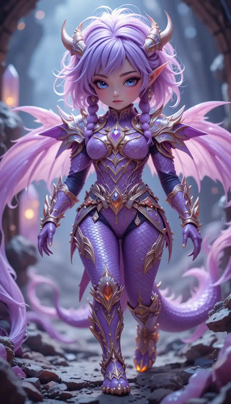 Iridescent half dragon elf warrior in crystal cave