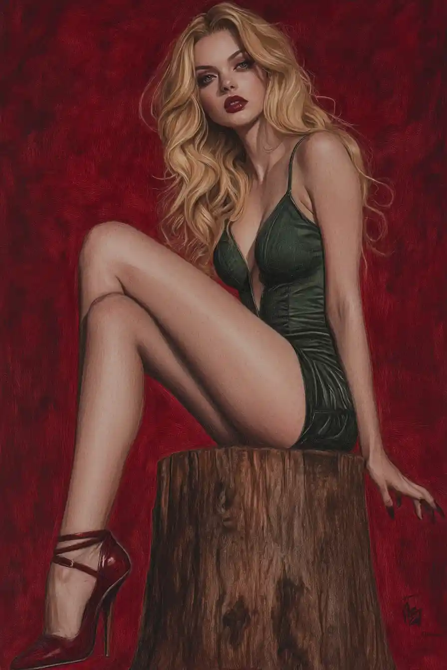 Blonde woman in green dress seated on wooden stump