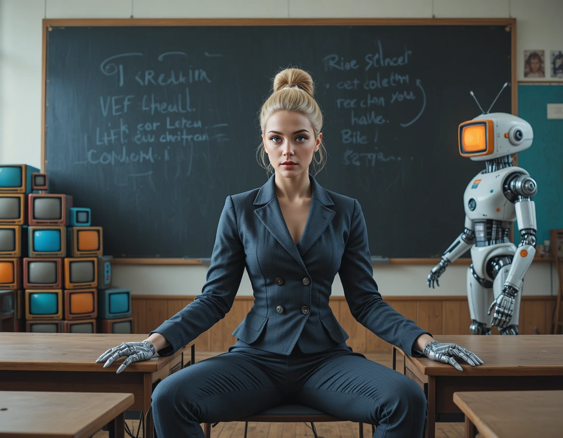 Confused woman stands in classroom with robots and monitors