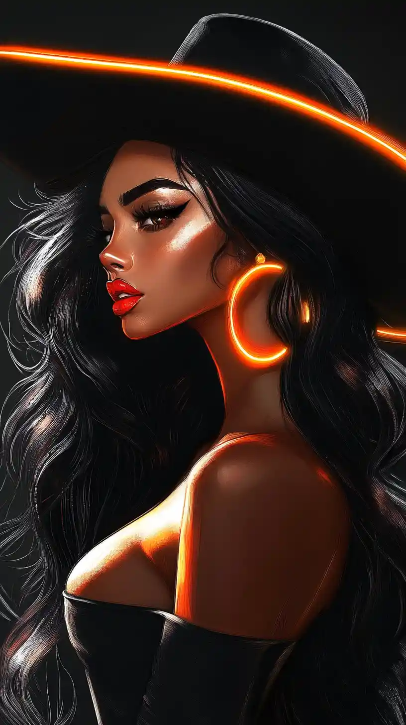Glamorous woman in black hat with neon accents