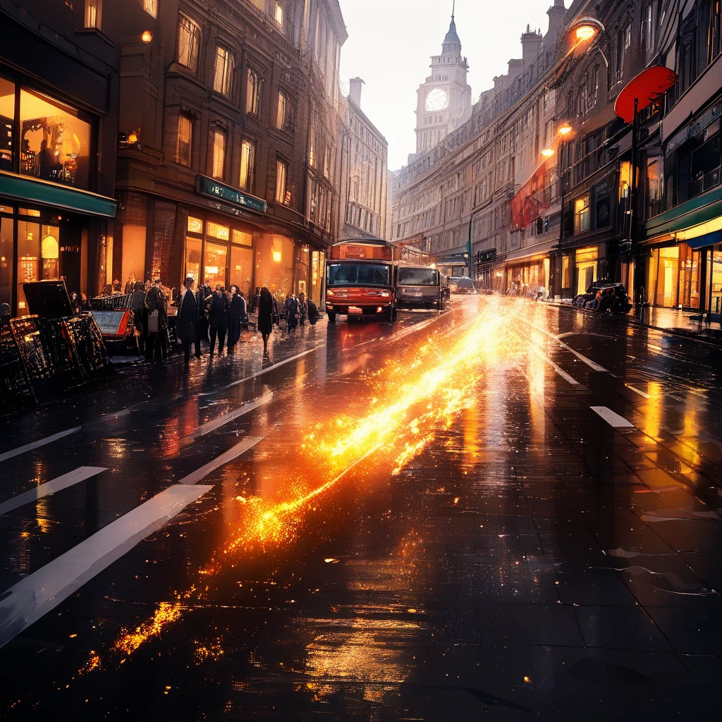 Cars moving along a sunny rainy city street in London