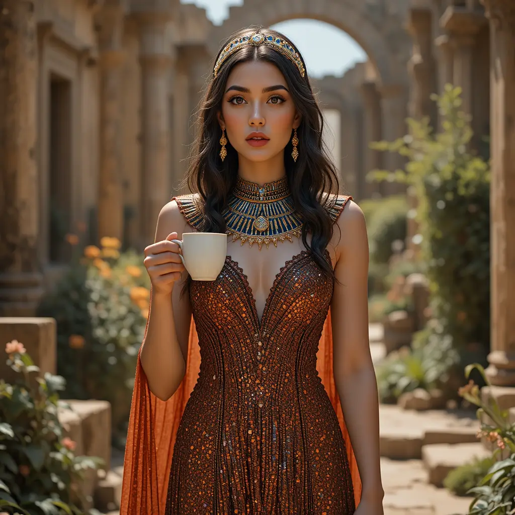 Egyptian queen with rust tones holding hot tea in ruins