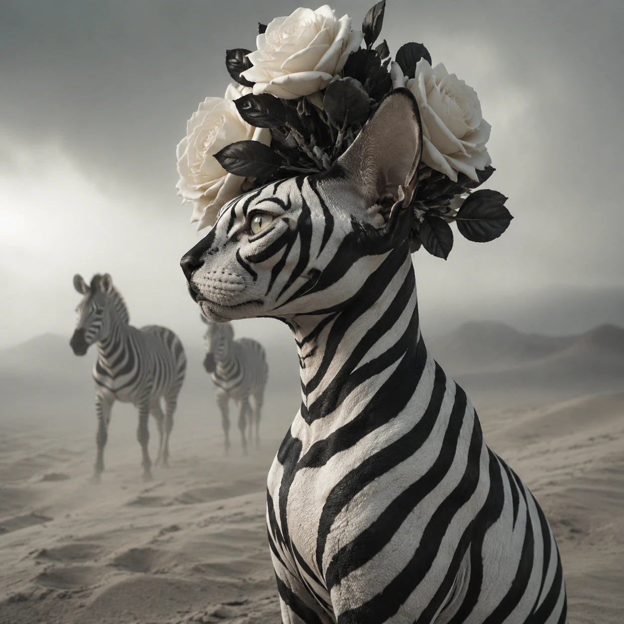 Sphynx cat in zebra body paint in misty desert profile
