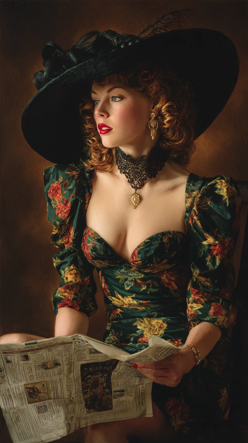 Vintage pin up woman reading a newspaper in shadowy light