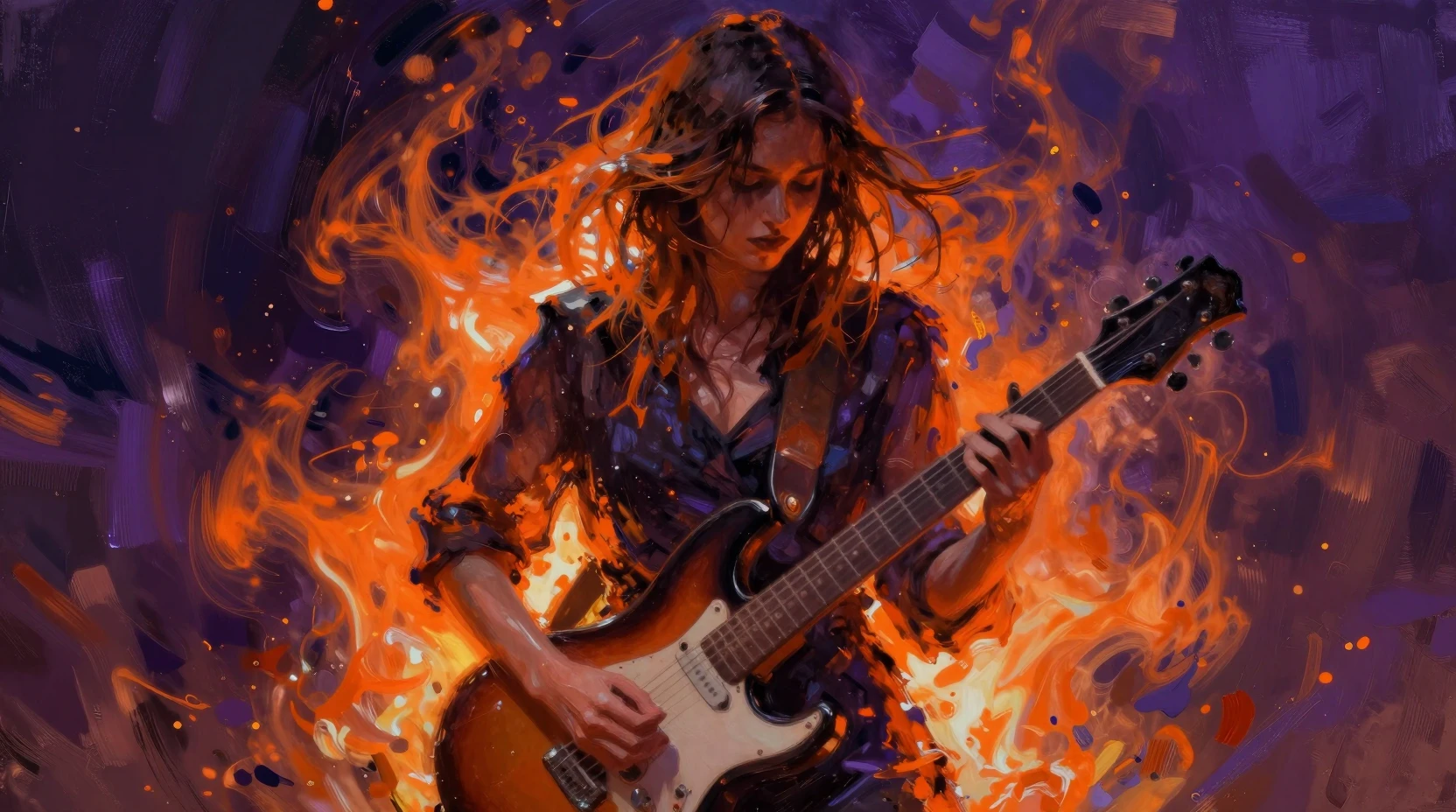 Young woman dissolving into fiery abstract night painting