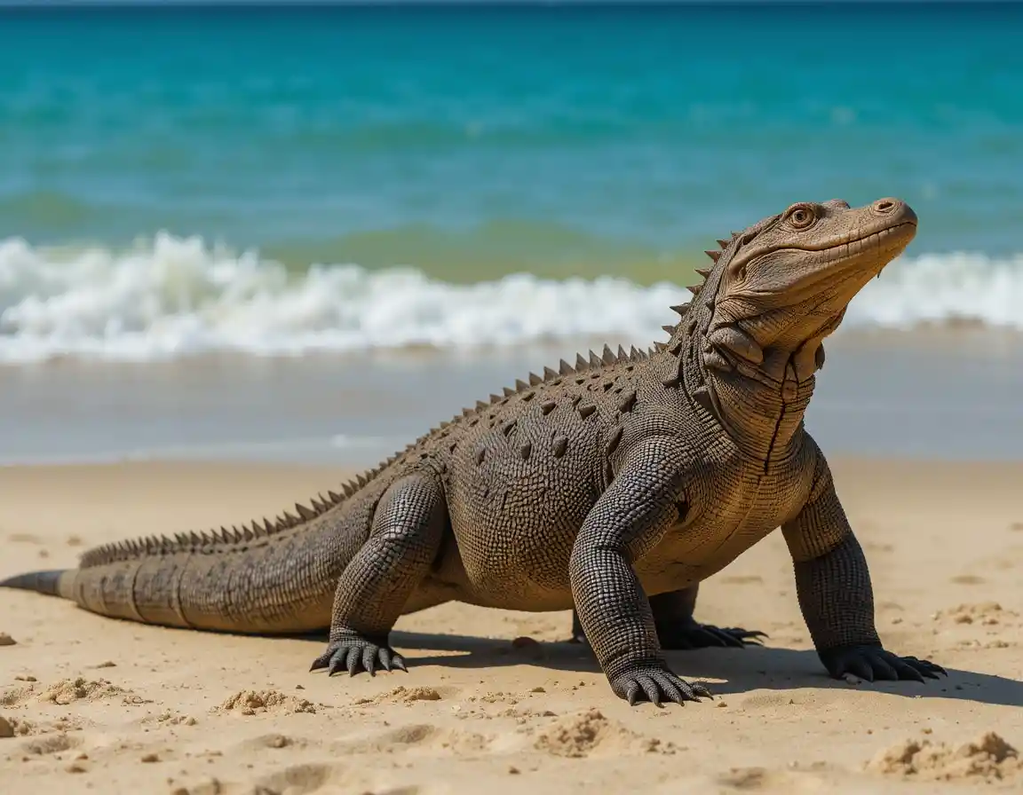 Komodo dragon on tropical beach near turquoise ocean