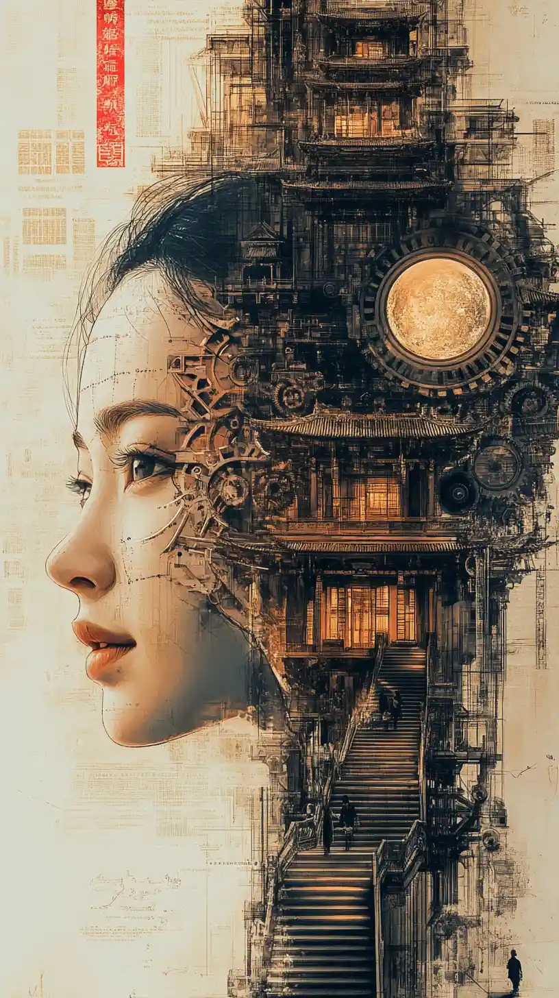 Surreal woman merging with towering pagoda cityscape