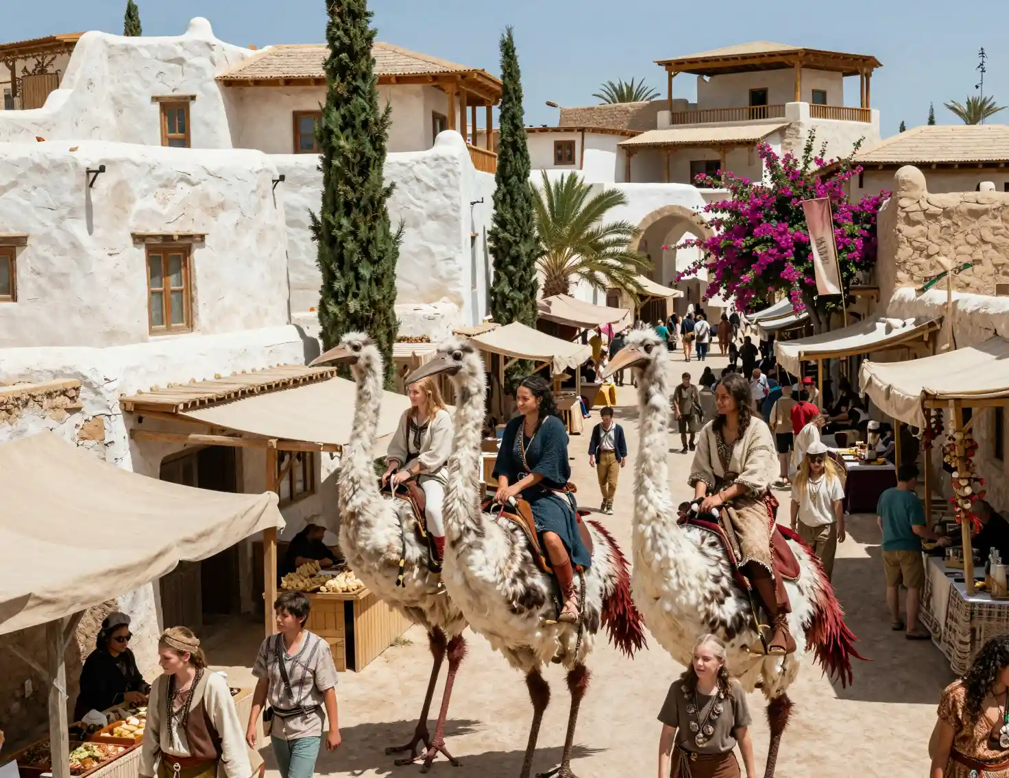 Riders On Giant Birds In A Sunlit Fantasy City Street