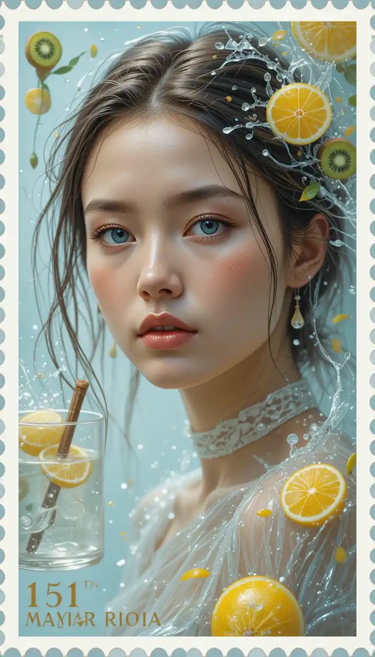 Warrior woman portrait on surreal fruit themed postage stamp